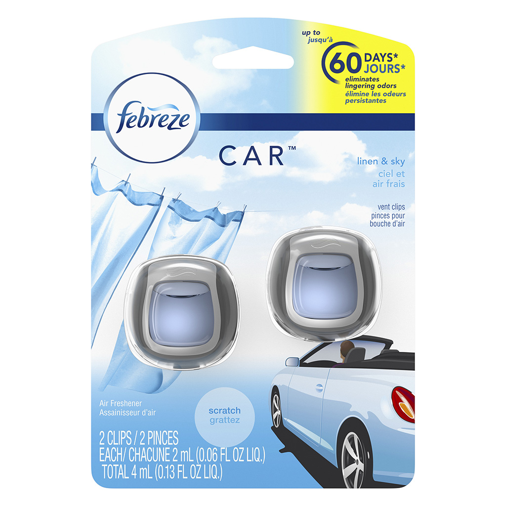 2 Packs Febreze Car 0.13 Oz Linen & Sky 2 Count Air Freshener Vent Clips