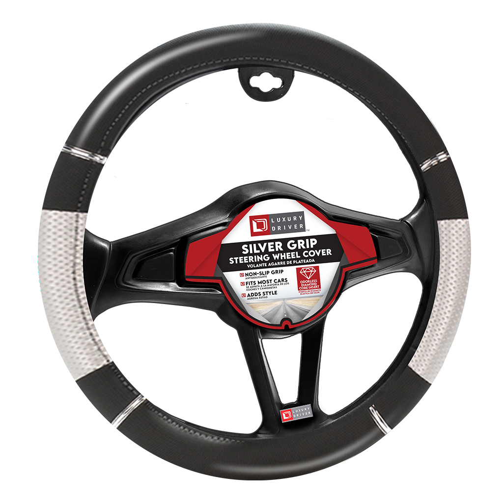 Luxury Driver Steering Wheel Cover - Silver Grip Grey