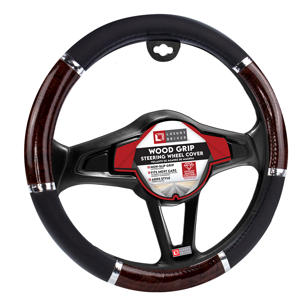 Luxury Driver Steering Wheel Cover - Wood Grip Burlwood and Black