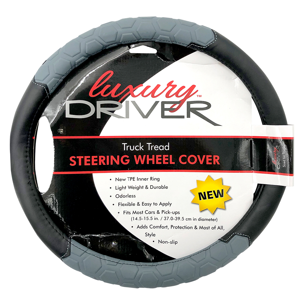 Luxury Driver Steering Wheel Cover - Large Truck Tread Black/Gray