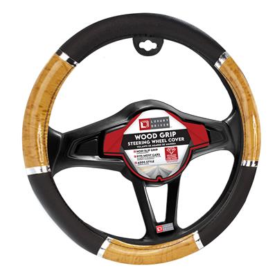 Luxury Driver Steering Wheel Cover - Wood Grip Tan and Black