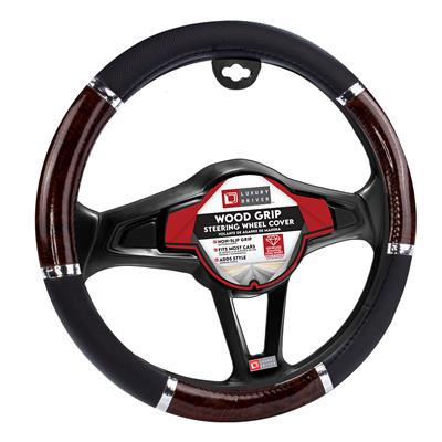 Luxury Driver Steering Wheel Cover - Wood Grip Burlwood and Black