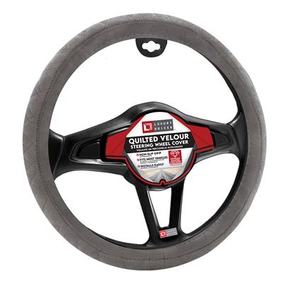 Luxury Driver Steering Wheel Cover - Quilted Velour Grey