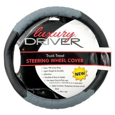 Luxury Driver Steering Wheel Cover - Large Truck Tread Black/Gray